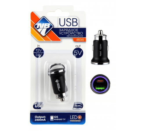 Зарядное устройство Nova Brigh  для моб.устройств, USB-порт+Type-C, 2400мА, LED индикатор, 12/24В