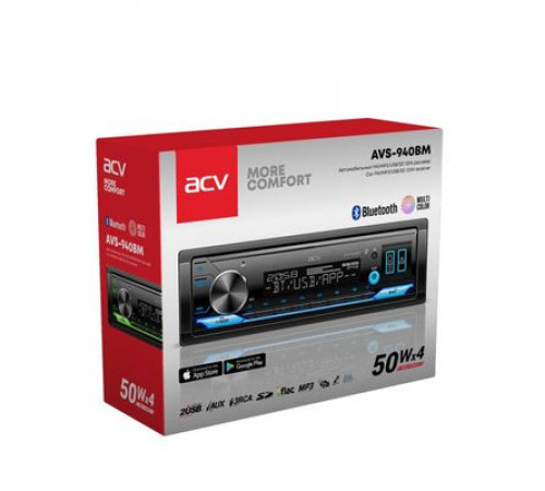 Автомагнитола ACV AVS-940BM (1din/мультицвет/BT/2USB/AUX/SD/FM/3RCA/SUB/QC/4х50)