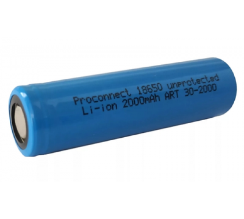 Аккумулятор Li-ion 18650, 3,7В, 2000мАч, без платы защиты, плоский контакт болл пакет  PROconnect