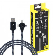 Кабель 3в1 для зарядки Micro USB и IP, Type-C 1м 2А, тканевая оплетка, коробка ПВХ FORZA